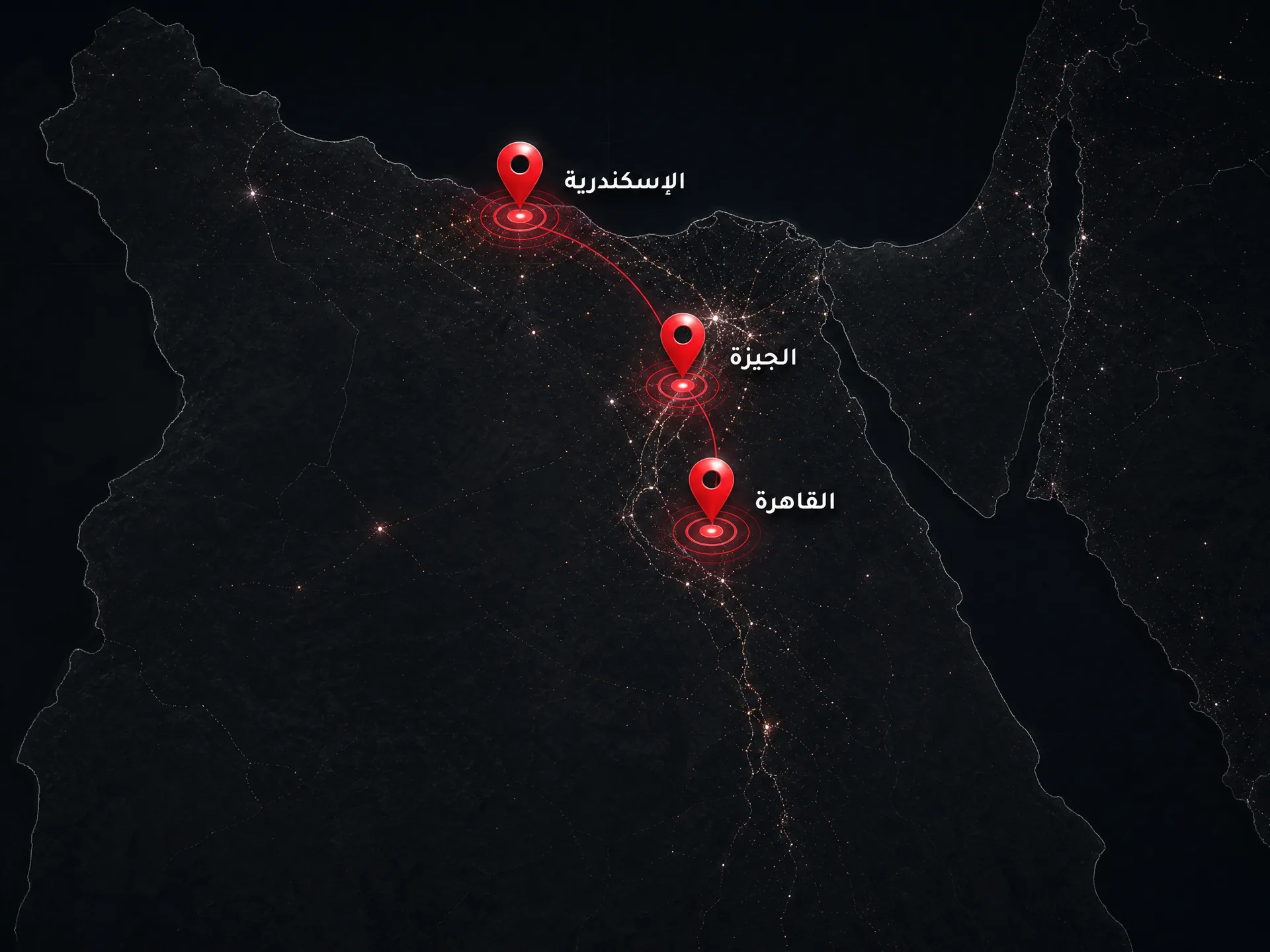 خريطة مظلمة تظهر مواقع مراكز فحص XCAR في مختلف المحافظات